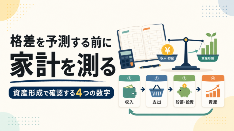 収入、支出、貯蓄・投資、資産の4項目を示すカードと天秤のイラスト