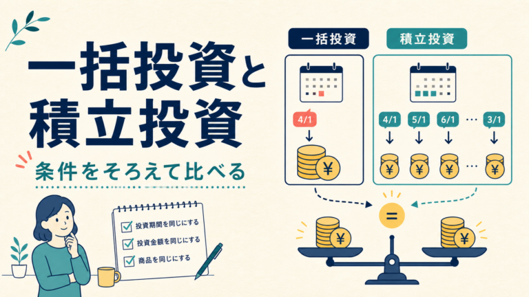 一括投資と積立投資の期間・総額・買付日・現金をそろえる比較表