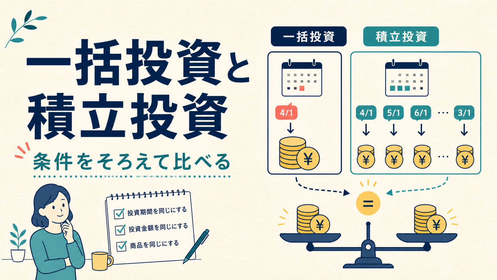 一括投資と積立投資の期間・総額・買付日・現金をそろえる比較表