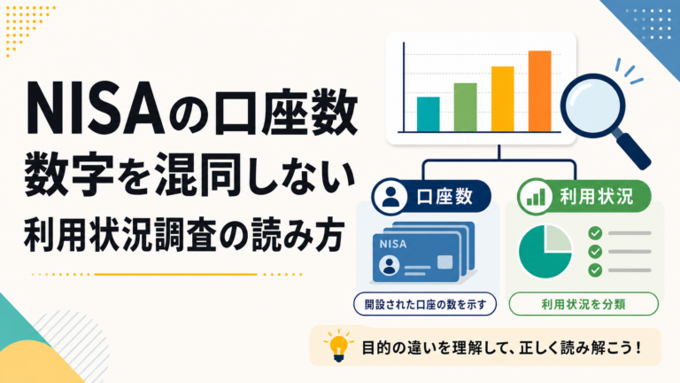 NISAの口座数と利用状況を分けて読むグラフ・口座カード・利用状況図のイラスト